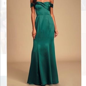 Lulu’s Emerald Green Satin Off-the-Shoulder Maxi Dress